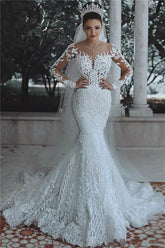 Luxury Long Beaded Lace Mermaid Sheer Tulle Wedding Dresses with Sleeves
