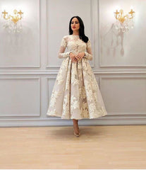 Elegant A-line High Neck Lace Formal Evening Dress with Sleeves