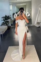 Ivory Long Mermaid Off the Shoulder Sequin Prom Dress with Slit