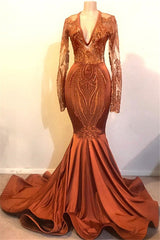 Long Mermaid V-neck Satin Tulle Appliques Lace Prom Dress with Sleeves