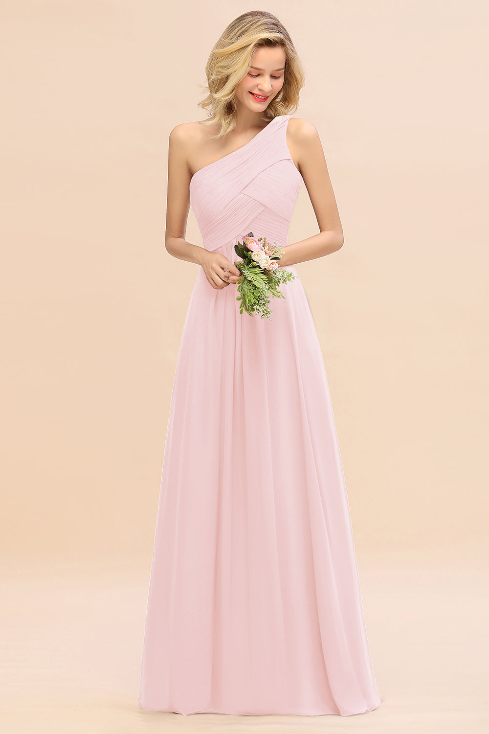 Elegant A-line Chiffon Ruffles One Shoulder Long Bridesmaid Dress