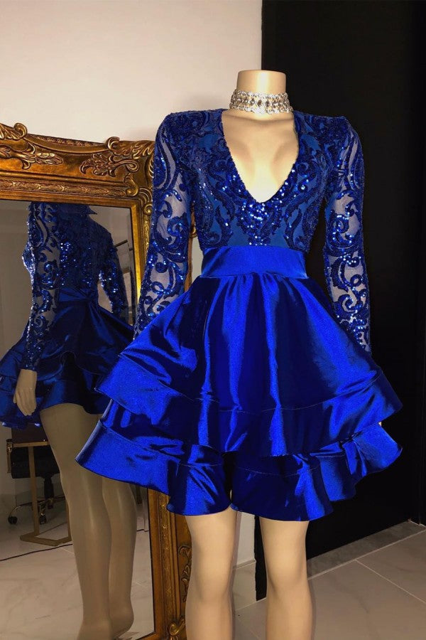 Short A-line V-neck Layers Sequins Appliques Homecoming Dress with Sleeves