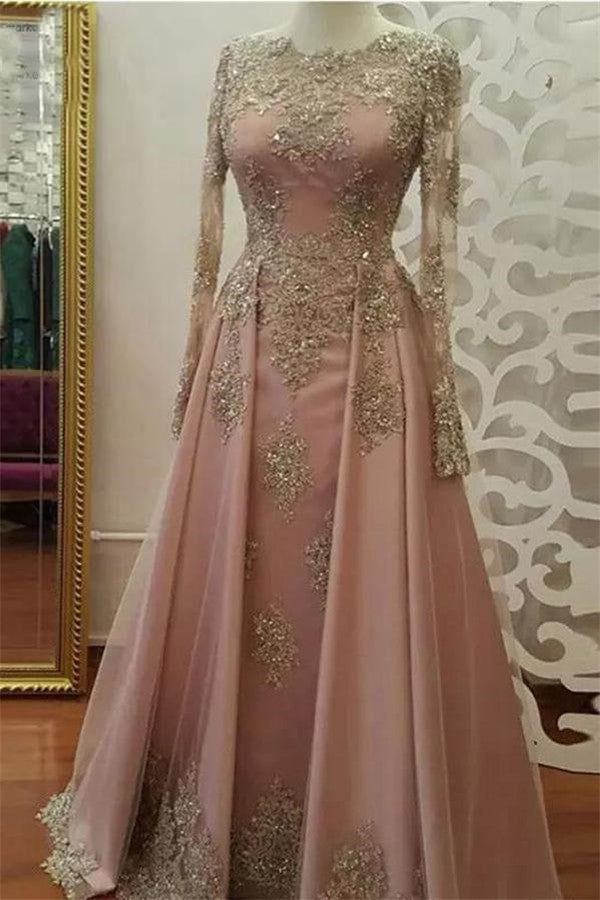 Long Mermaid Satin Appliques Lace Formal Evening Dresses with Sleeves
