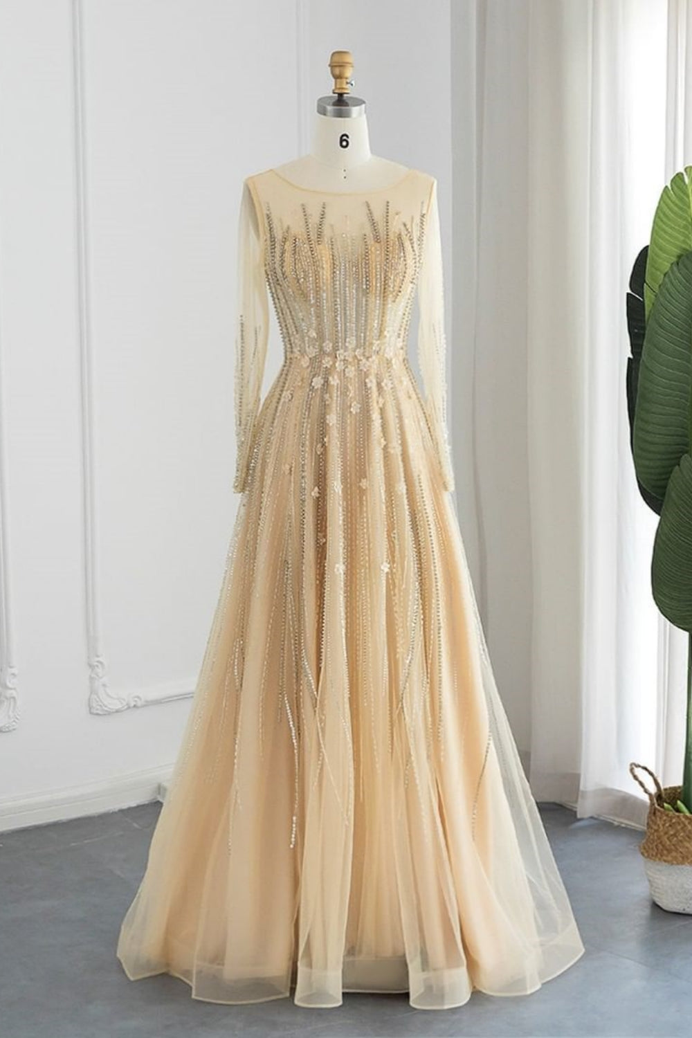Long A-line Jewel Sequins Tulle Formal Prom Dresses with Sleeves