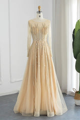 Long A-line Jewel Sequins Tulle Formal Prom Dresses with Sleeves