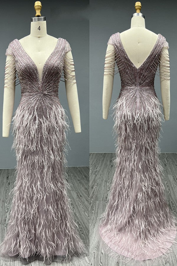 Luxury Long Mermaid V-neck Backless Beading Tulle Formal Dresses with Sleeves