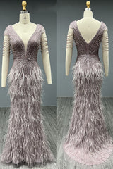 Luxury Long Mermaid V-neck Backless Beading Tulle Formal Dresses with Sleeves