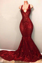 Sequins V-Neck Mermaid Long Burgundy Prom Dresses