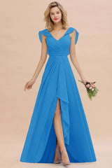 Simple High Low A-line V-Neck Ruffles Chiffon Ocean Blue Bridesmaid Dress