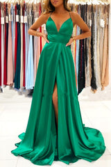 Long A-line V-neck Spaghetti Straps Backless A-Line Prom Dress With Split