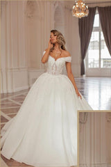 Long Off the Shoulder Organza Chapel Train Ball Gown Wedding Dress