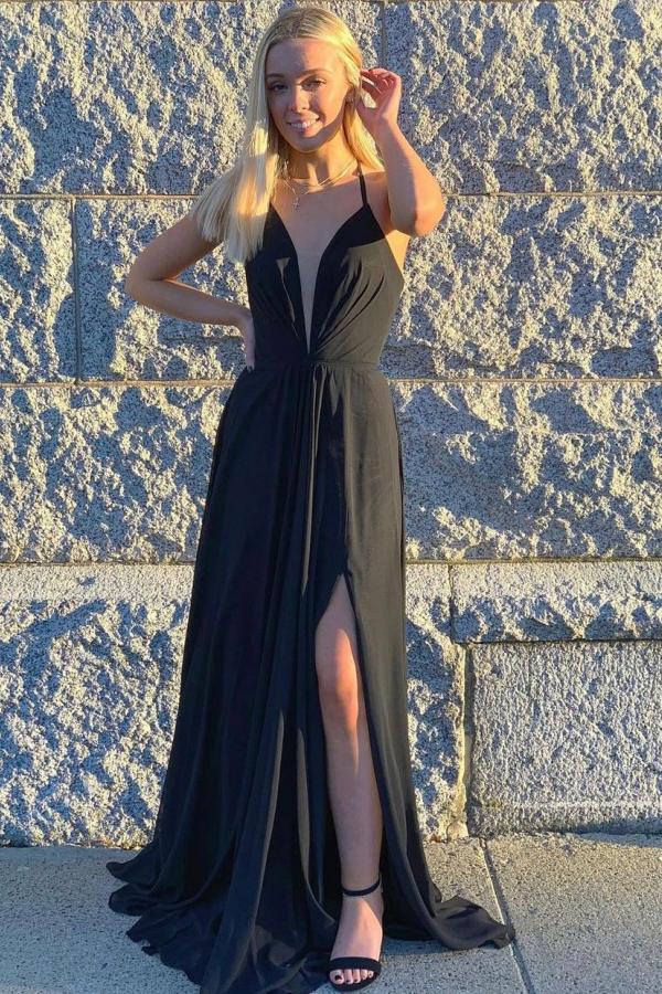 Black A-line V-neck Spaghetti Straps Backless Long Prom Dress with Slit