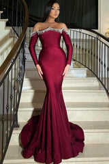Burgundy Long Mermaid Off the Shoulder Satin Beads Prom Dresses with Sleeves