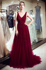 A-line V-neck Sleeveless Burgundy Sequins Tulle Long Evening Dresses