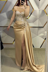 Long Mermaid Sweetheart Satin Beading Prom Dresses with Slit