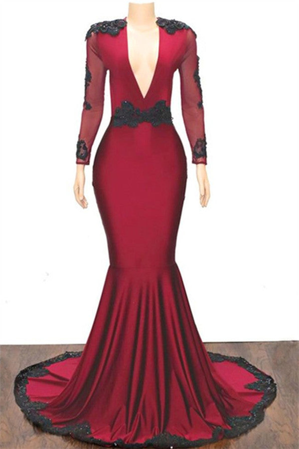 Long V-neck Appliques Lace Mermaid Prom Dress with Sleeves