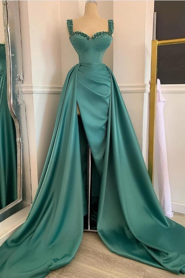 Simple Sweetheart Spaghetti Straps Mermaid Long Split Prom Dress With Ruffles