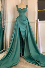 Simple Sweetheart Spaghetti Straps Mermaid Long Split Prom Dress With Ruffles