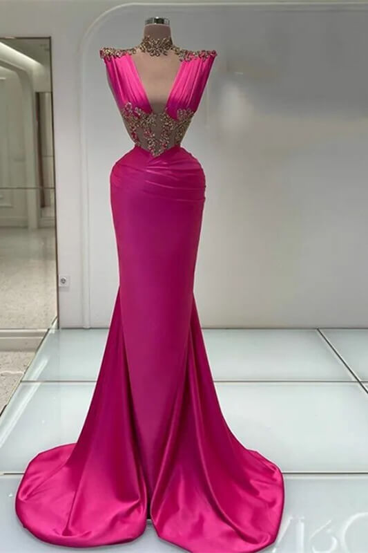 Long V-Neck Mermaid Sleeveless Satin Appliques Lace Prom Dress