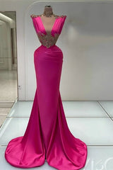 Long V-Neck Mermaid Sleeveless Satin Appliques Lace Prom Dress