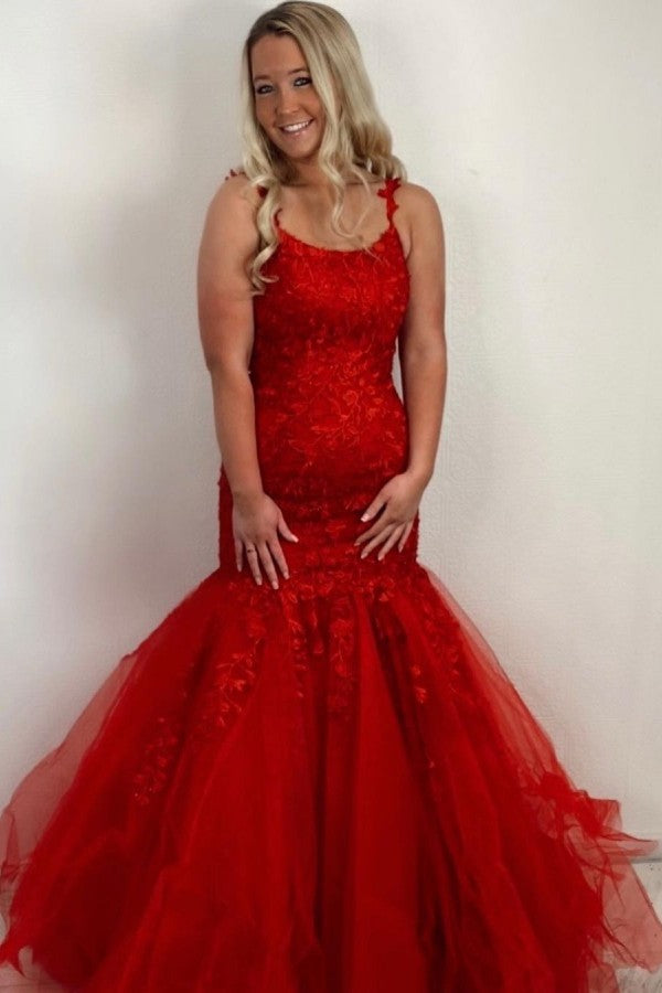 Red Long Spaghetti Straps Backless Appliques Lace Tulle Ruffles Mermaid Prom Dress