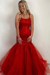 Red Long Spaghetti Straps Backless Appliques Lace Tulle Ruffles Mermaid Prom Dress