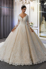 Classy Ball Gown Sweetheart Backless Long Sleeve Appliques Lace Sequins Wedding Dress
