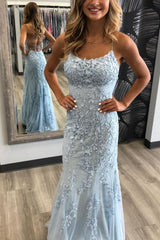 Elegant Long Spaghetti Straps Lace Mermaid Backless Prom Dresses