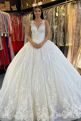 Gorgeous Long Ball Gown V-neck Appliques Lace Backless Floor Length Train Wedding Dress