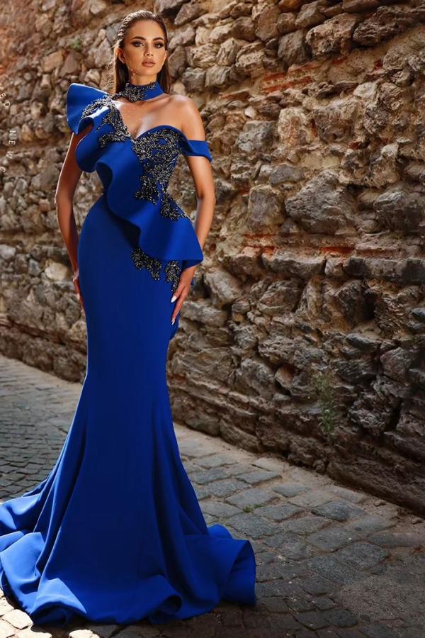 Royal Blue Long Mermaid One Shoulder Sweetheart Satin Prom dresses