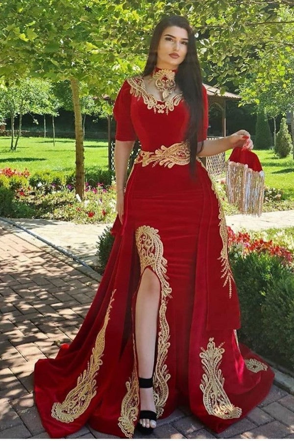Long Sweetheart Appliques Lace Mermaid Split Velvet Formal Evening Dresses with Sleeves
