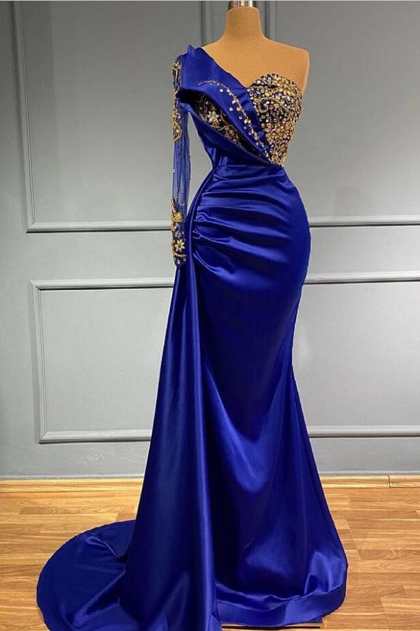 Royal Blue Long One Shoulder Mermaid Prom Dress With Sleeves
