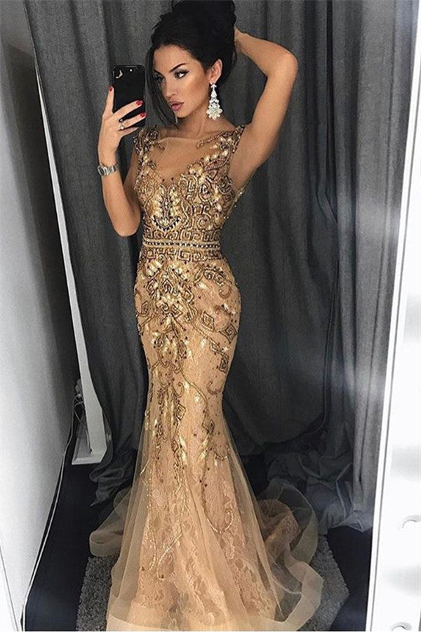 Long Mermaid Straps Beading Tulle Formal Evening Dress