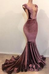 Long Mermaid Sleeveless Floor Length Appliques Velvet Prom Dresses