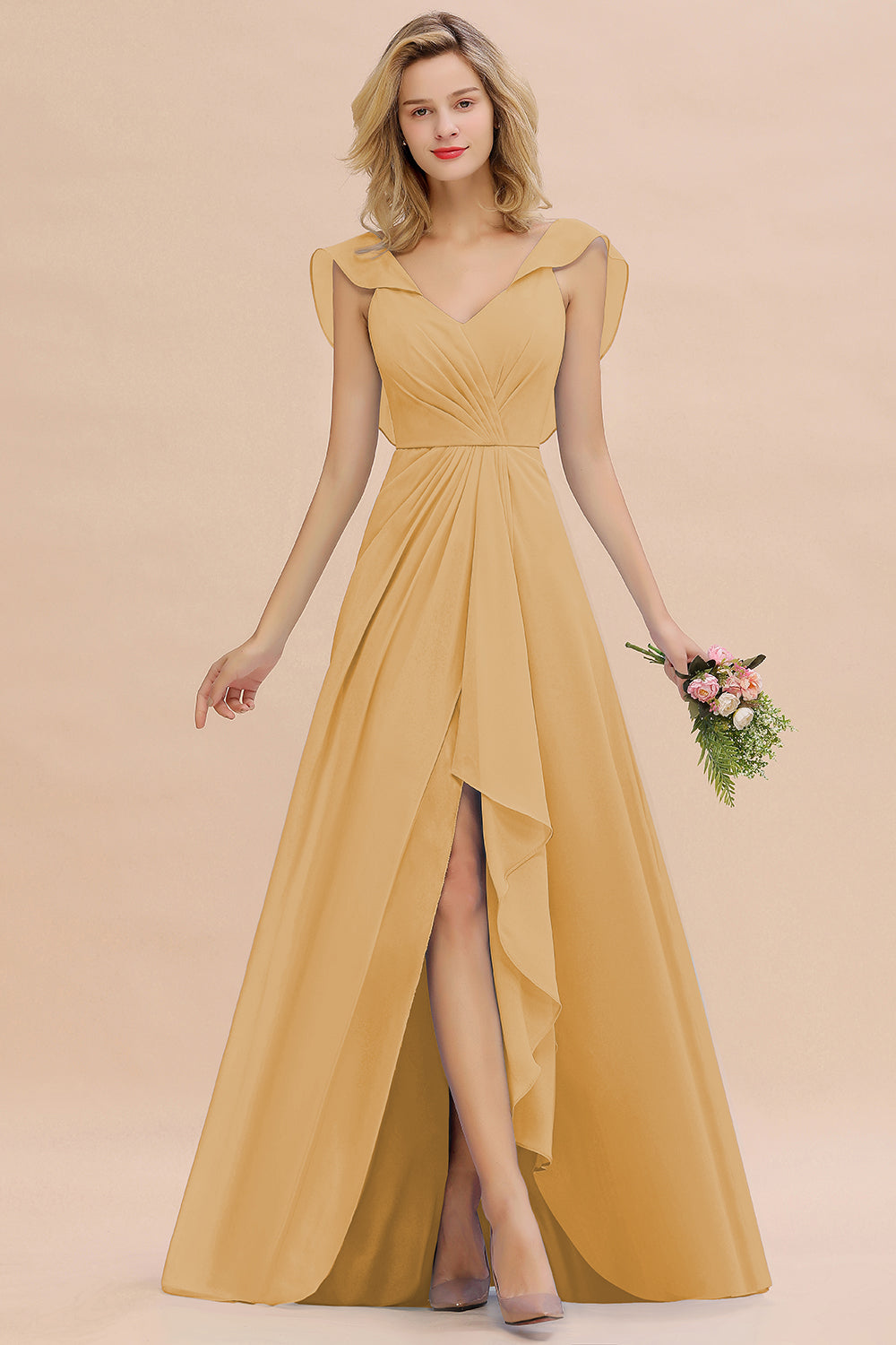Simple High Low A-line V-Neck Ruffles Chiffon Gold Bridesmaid Dress