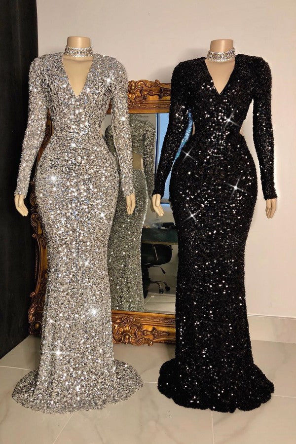 Mermaid Long Sleeves Sequins V-neck Prom Dresses with Sleeves