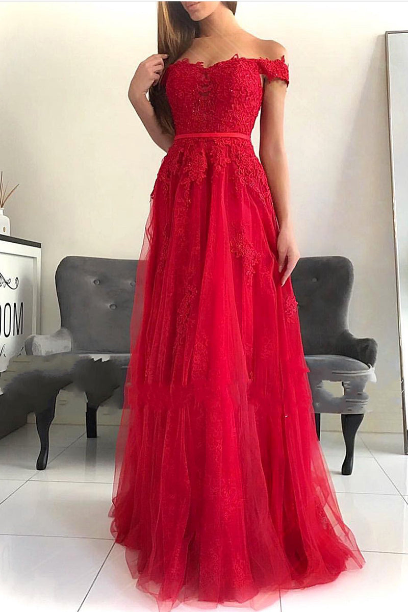 Long Off the Shoulder Lace A-line Ruffles Floor Length Prom Dress