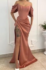 Long Mermaid Off the Shoulder Floor Length Prom Dresses with Slit