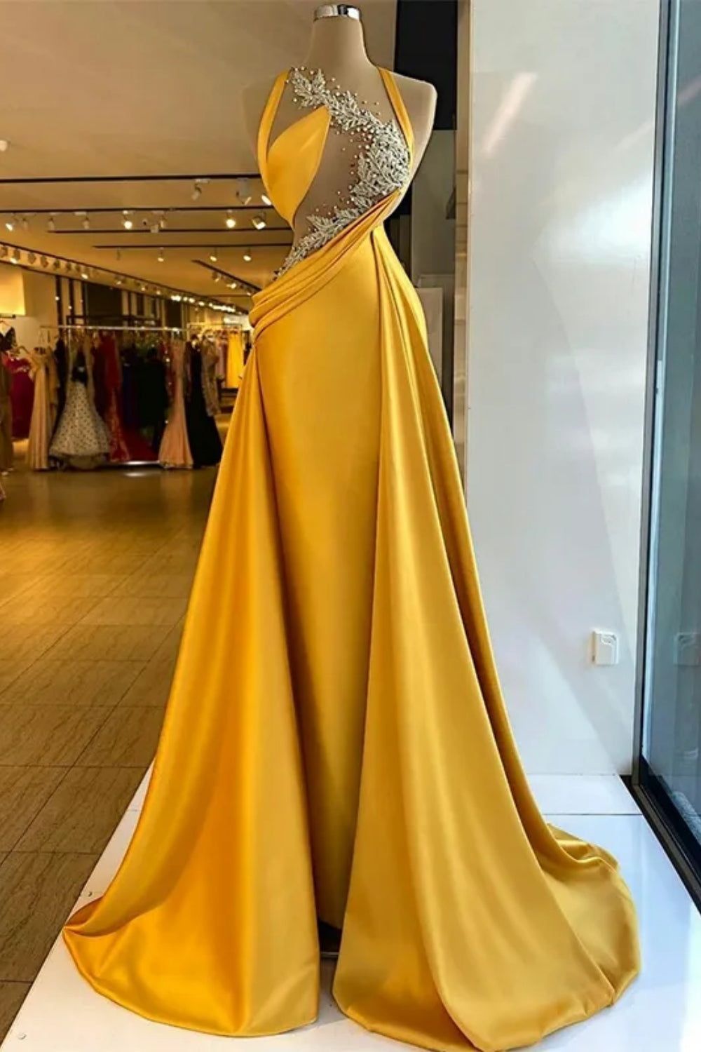 Yellow Long Mermaid Halter Sleeveless Satin Prom Dresses with Train
