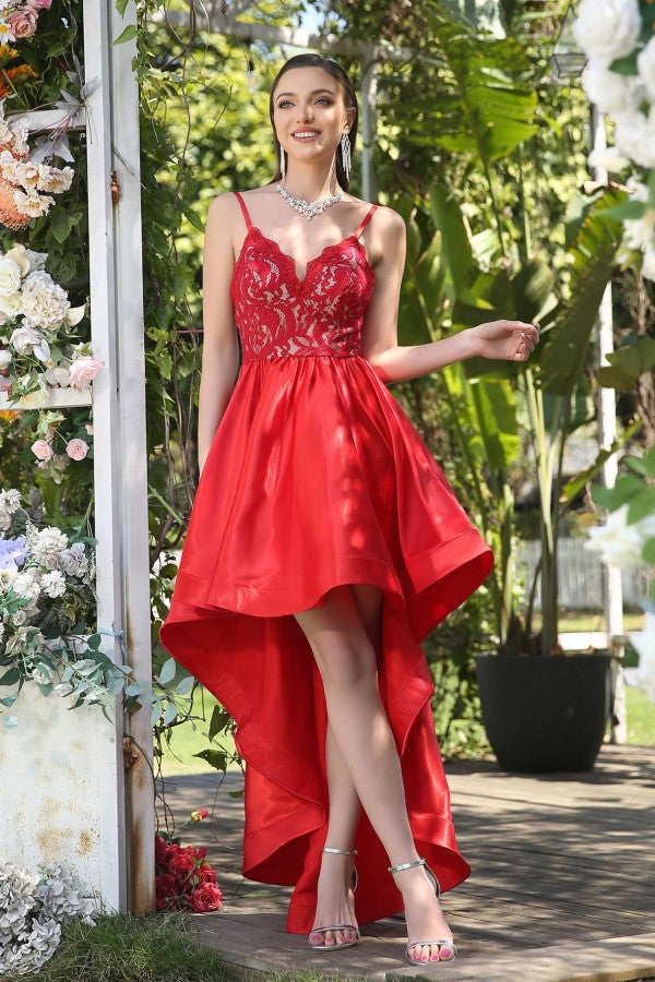 Red High Low V-neck Satin Lace Backless Party Dress
