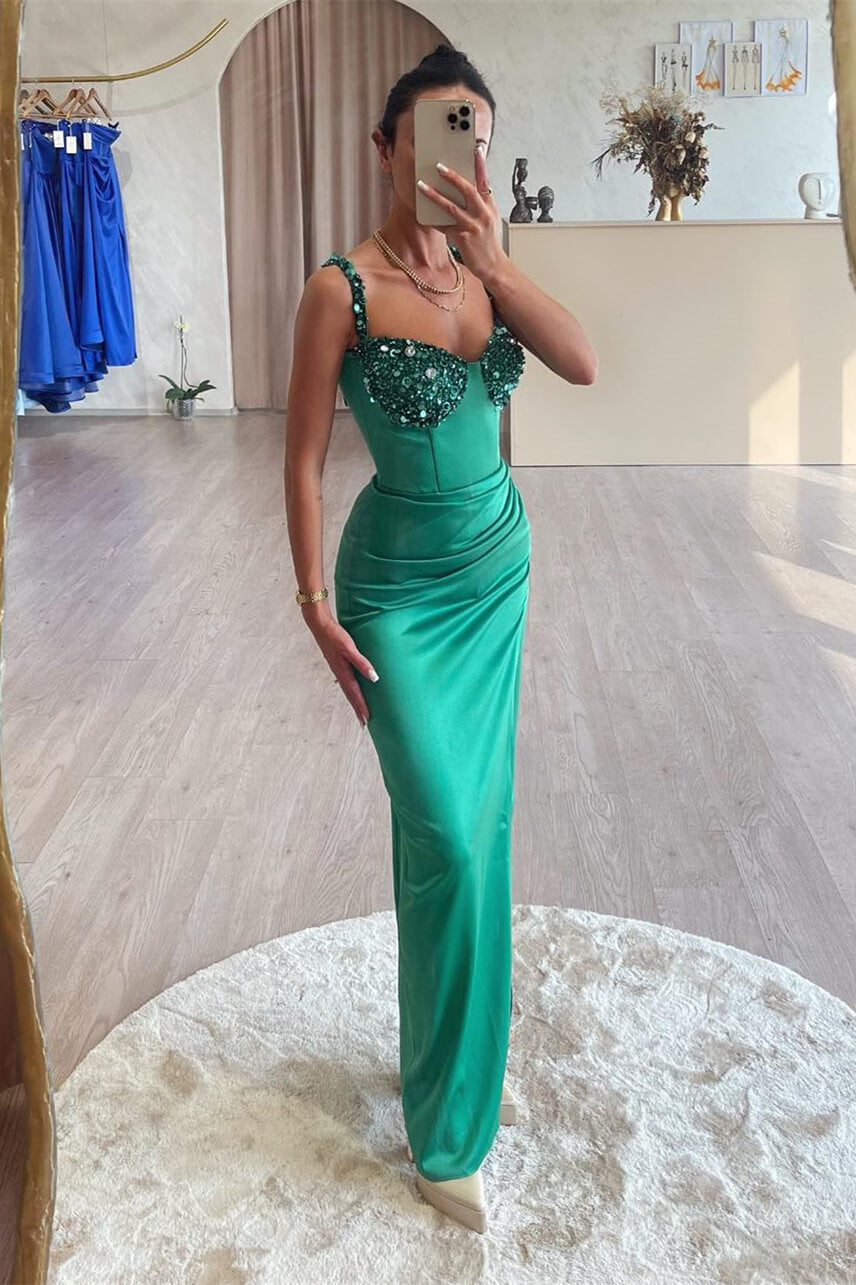 Long Satin Mermaid Spaghetti Straps Prom Dress with Beaded