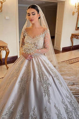 Gorgeous Sweetheart Long Sleeve Beading Satin Ball Gown Wedding Dress