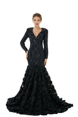 Charming Long Mermaid V-neck Satin Lace Formal Dress with Sleeves