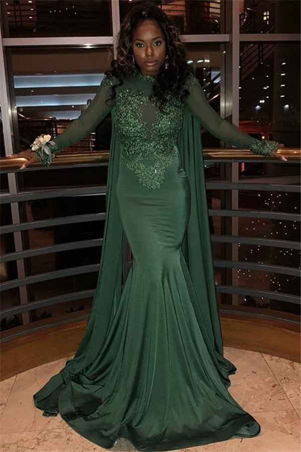 Elegant Long Jewel Satin Mermaid Prom Dress with Sleeves