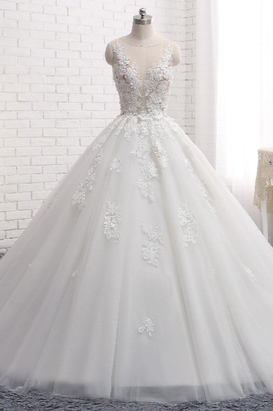 Elegant Long Ball Gown Tulle Court Train Wedding Dress with Appliques Lace
