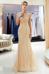Long Jewel Tulle Mermaid Beading Sleeveless Formal Evening Dresses