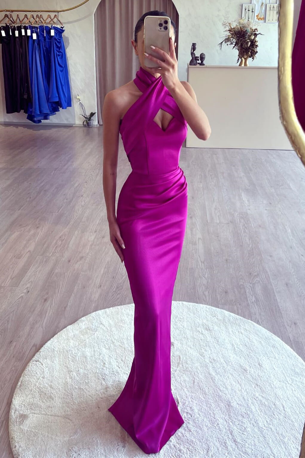 Simple Halter Mermaid Purple Satin Long Prom Dress