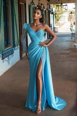 Elegant One Shoulder Long Sleeve Sequins Ruffles Mermaid Prom Dress With Slit