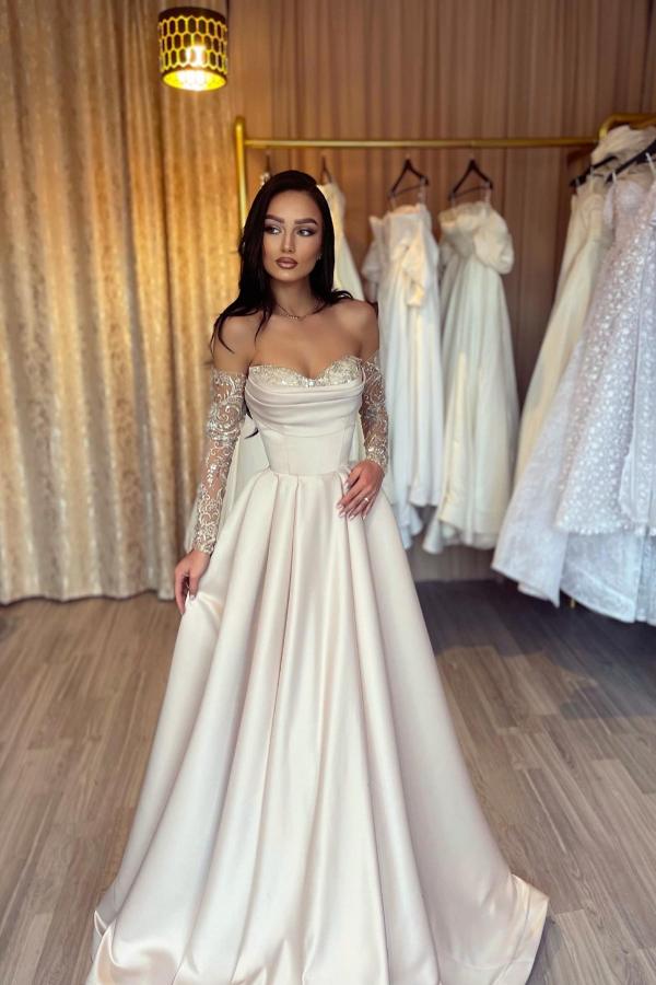 Long A-line Sweetheart Floor length Satin Lace Prom Dresses with Sleeves