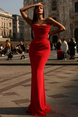 Elegant Red Long Mermaid Strapless Evening Prom Dresses